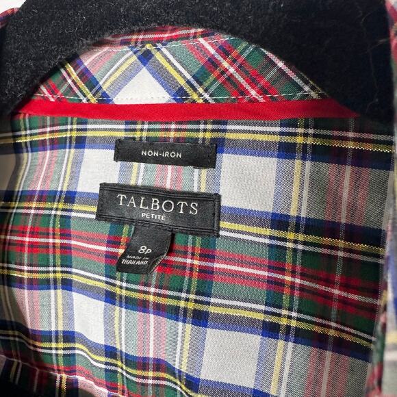 Talbots Non-Iron Plaid Metallic Gold Red Green‎ Button Down Shirt Sz 8Petite - Picture 3 of 5